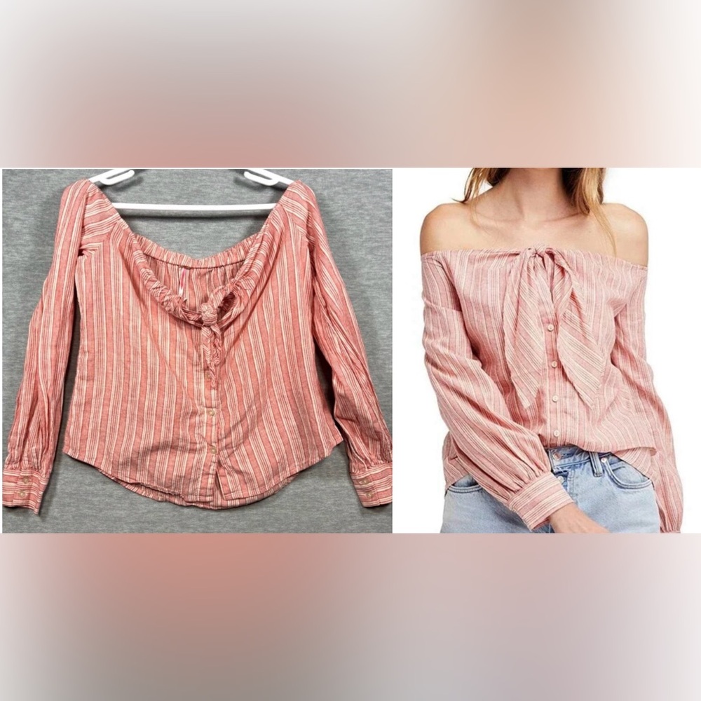 Free People Hello There Beautiful Off‎ Shoulder Striped Top Linen Blend